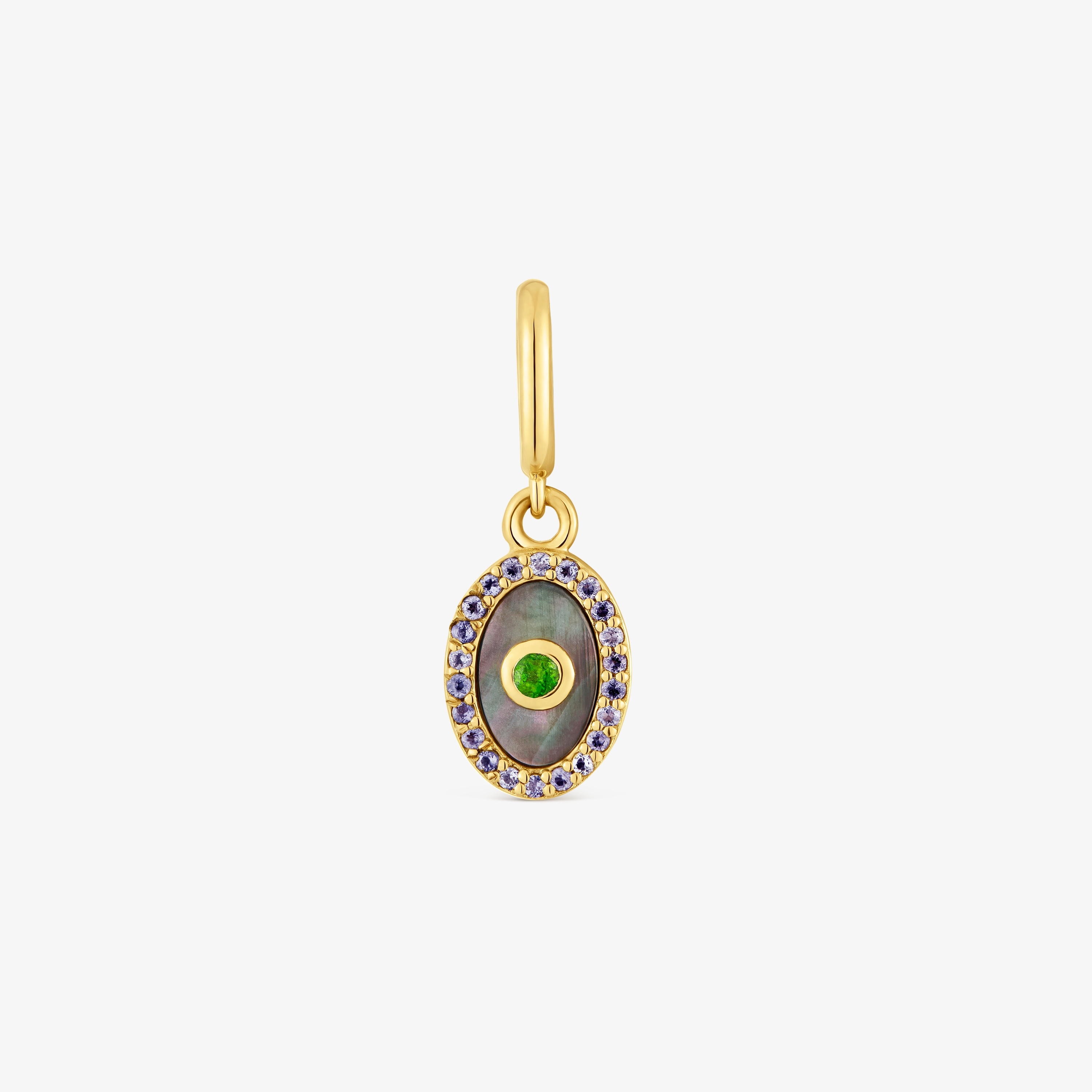Medallion Pendant with 18K gold vermeil, nacre, chrome diopside and iolite Medallions