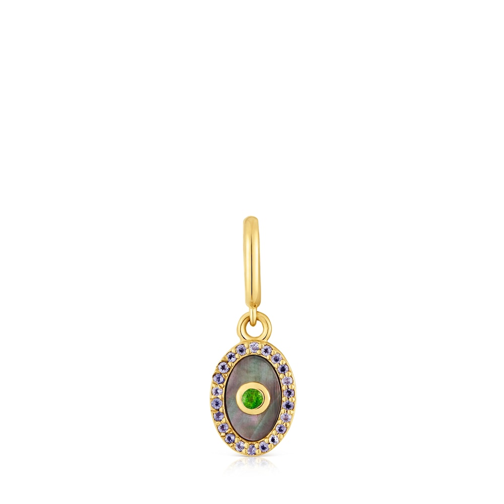 Medallion Pendant with 18kt gold plating over silver, nacre, chrome diopside and iolite Medallions