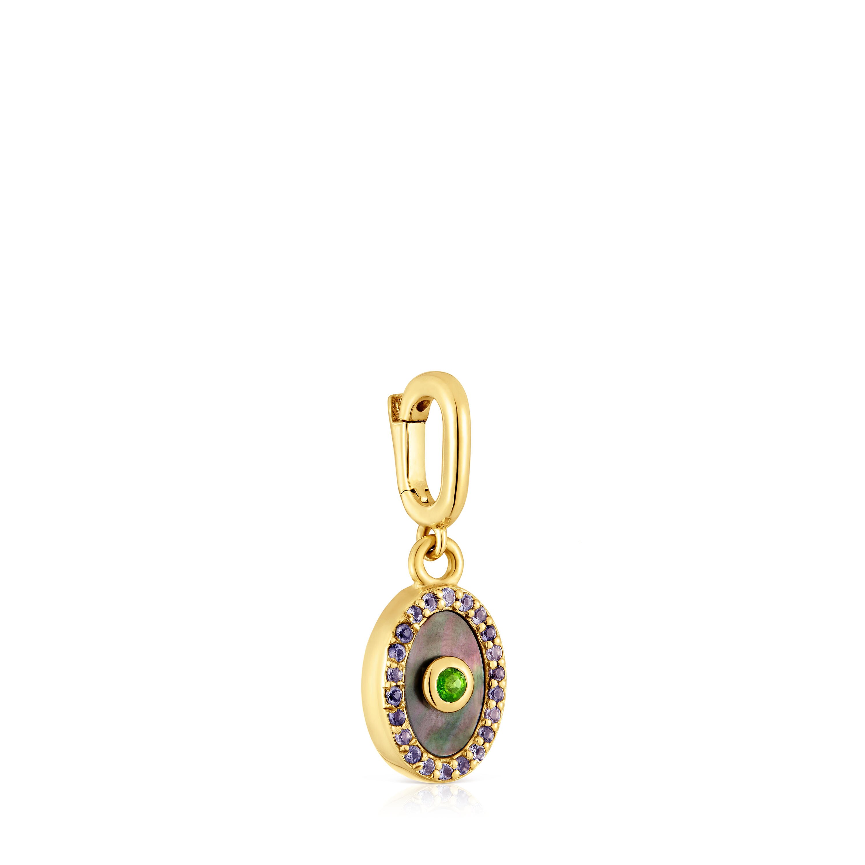Medallion Pendant with 18kt gold plating over silver, nacre, chrome diopside and iolite Medallions