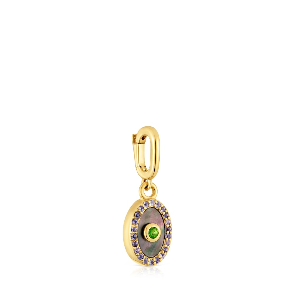 Colgante medalla con baño de oro de 18 kt sobre plata, nácar, cromodiópsido e iolita Medallions image number 1