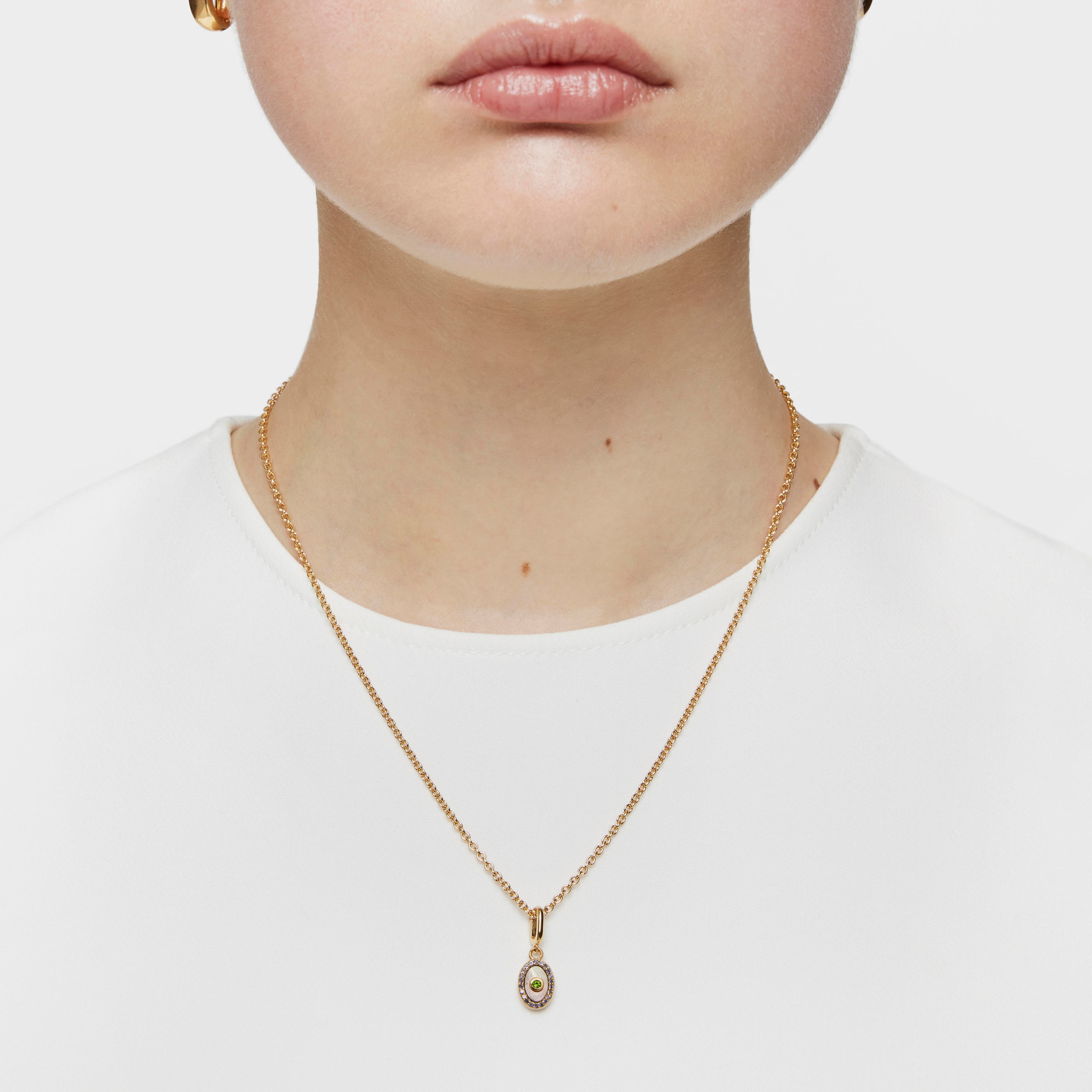 Medallion Pendant with 18K gold vermeil, nacre, chrome diopside and iolite Medallions