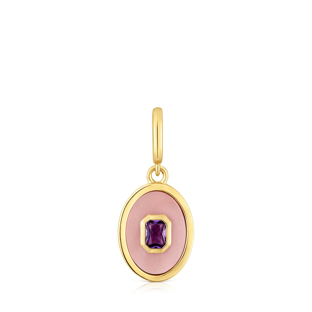 Medallion Pendant, with 18kt gold plating over silver nacre and amethyst Medallions