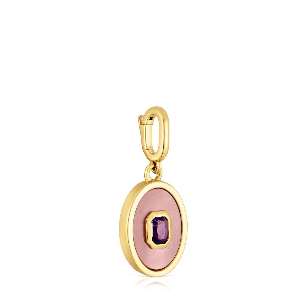 Medallion Pendant, with 18kt gold plating over silver nacre and amethyst Medallions