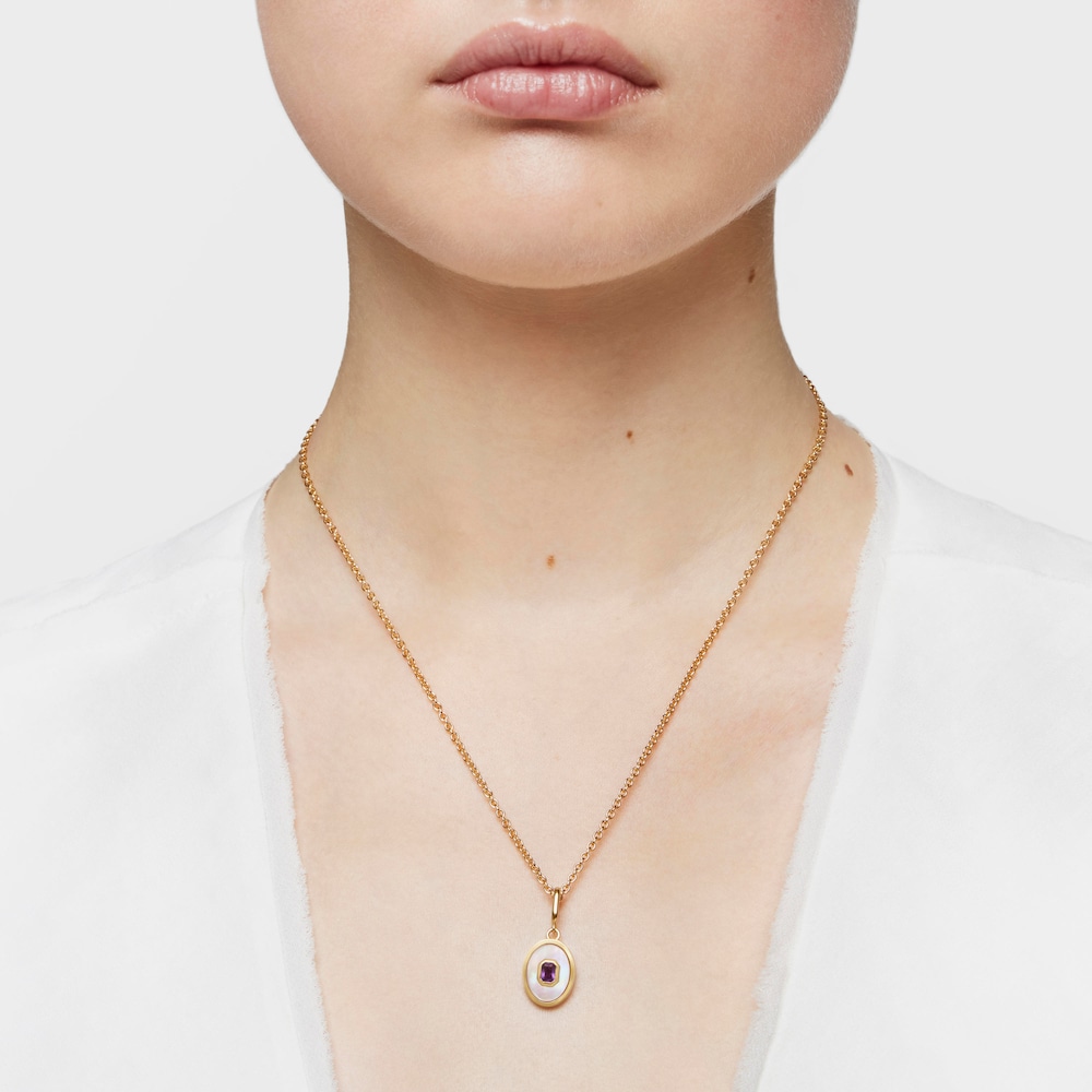 Medallion Pendant, with 18kt gold plating over silver nacre and amethyst Medallions