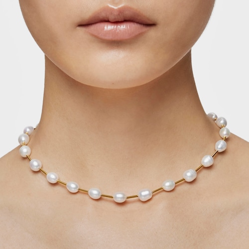 Tube Choker with 18kt gold plating over silver and cultured pearls Gloss