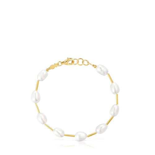 Tube Bracelet with 18kt gold plating over silver and cultured pearls Gloss