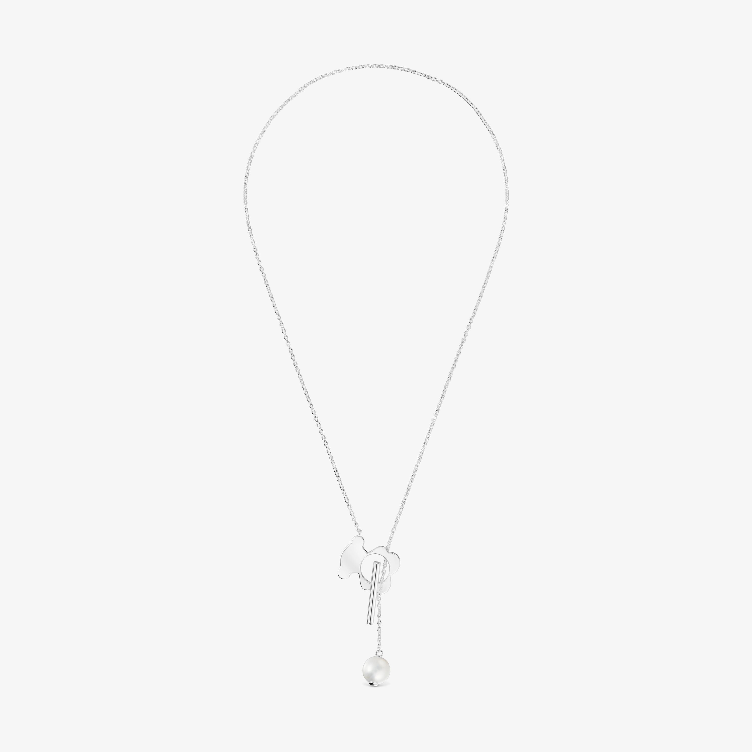 Short silver bear Necklace with cultivated pearls I-Bear