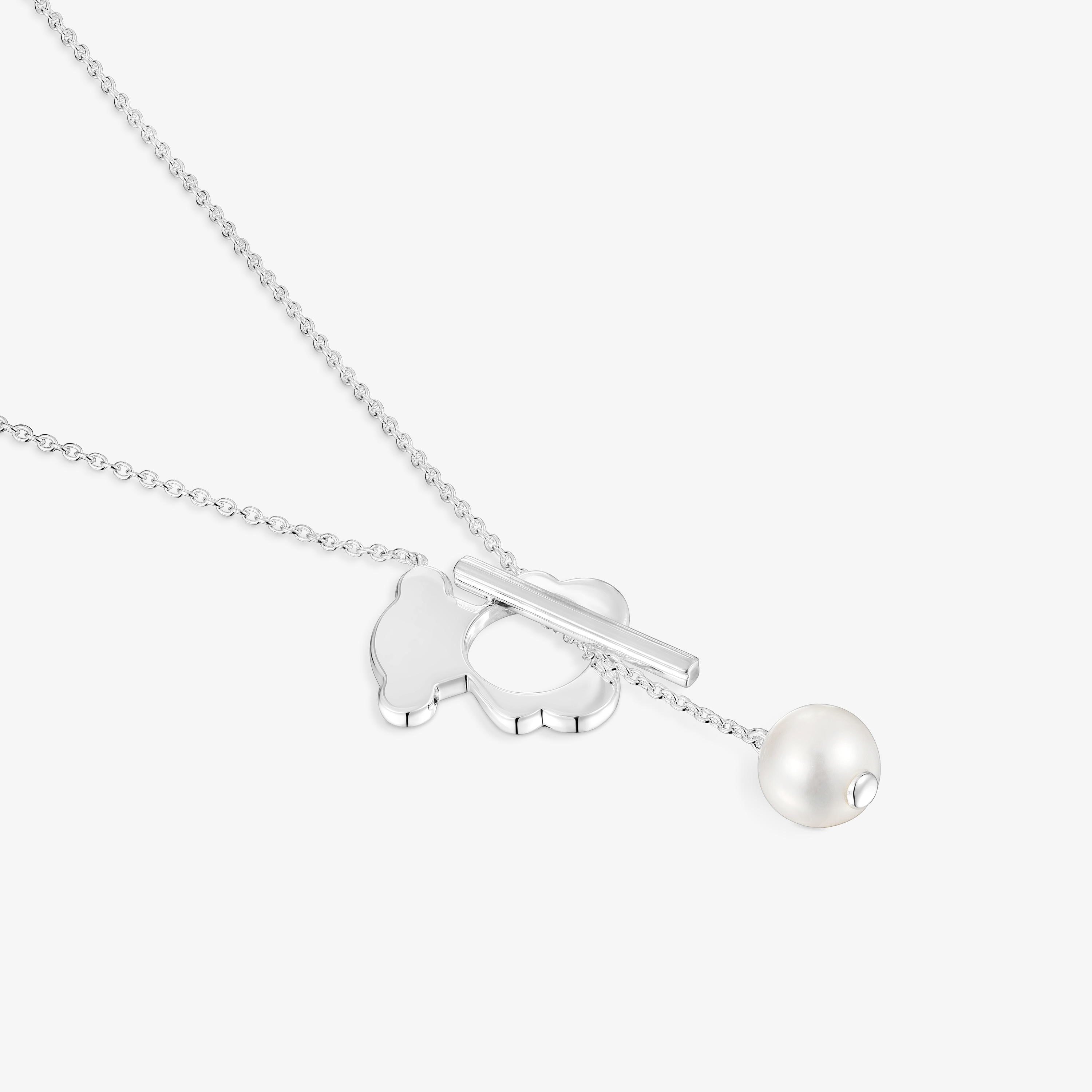 Short silver bear Necklace with cultivated pearls I-Bear