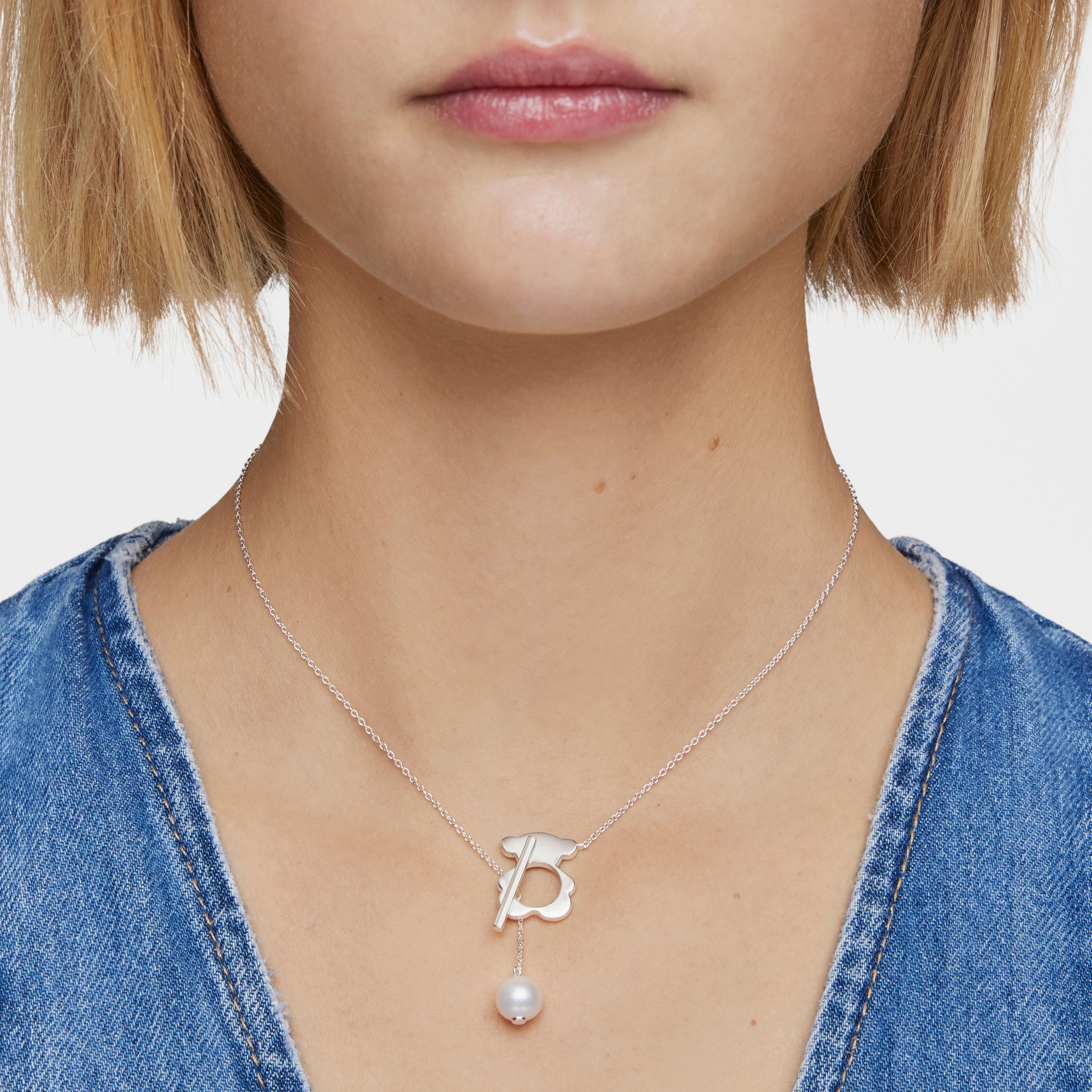 Short silver bear Necklace with cultivated pearls I-Bear