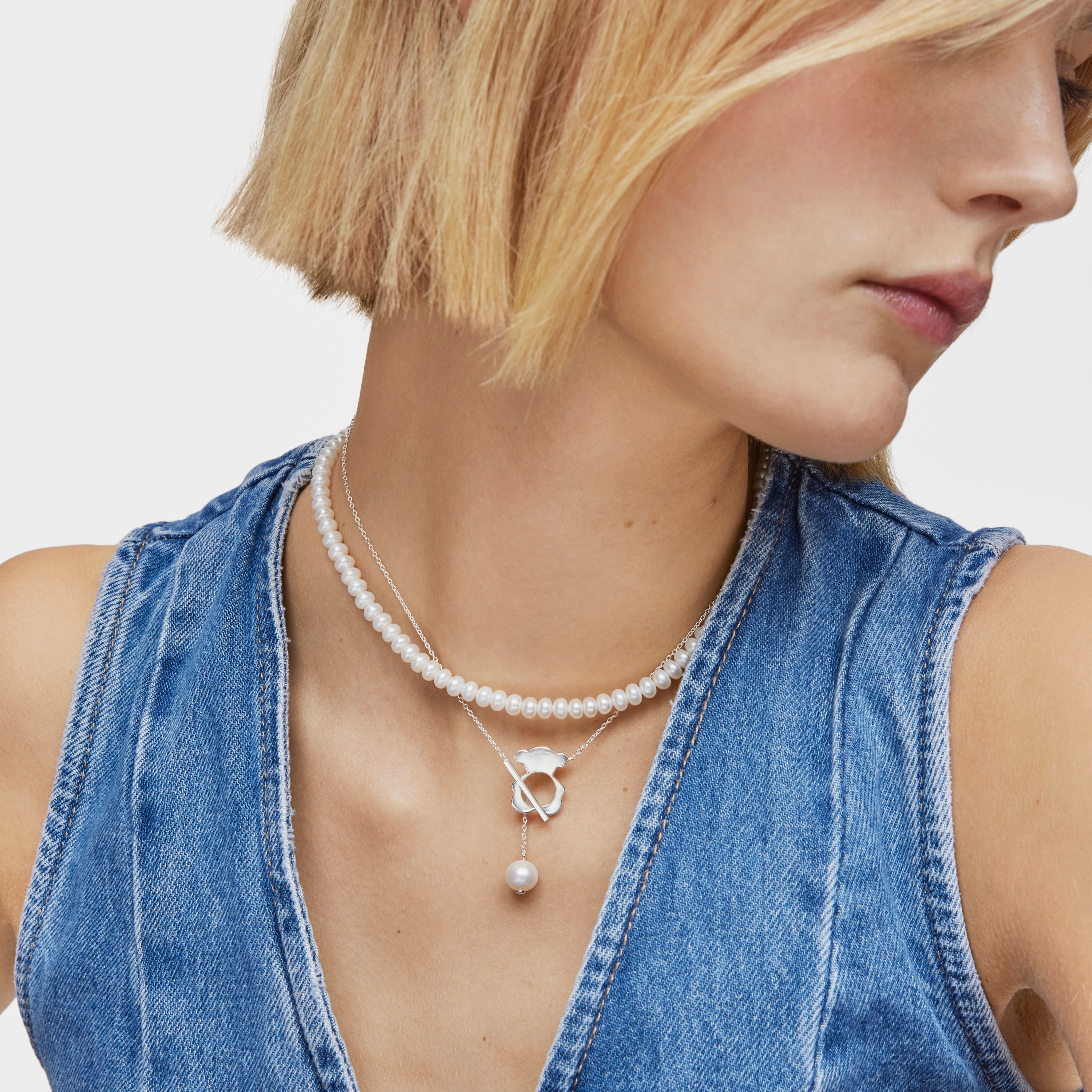 Short silver bear Necklace with cultivated pearls I-Bear