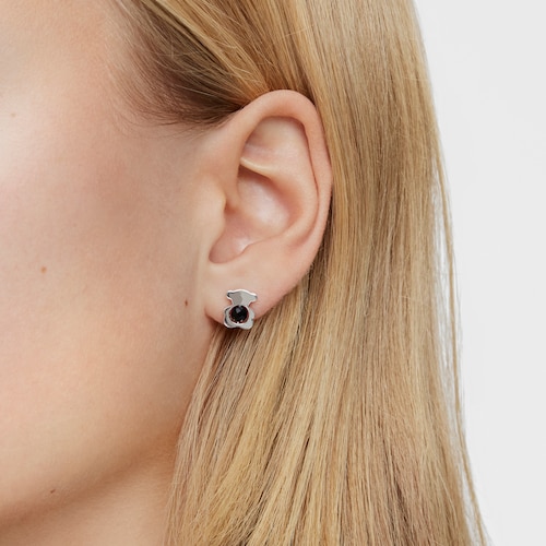 Pendientes pequeños oso de plata con ónix 10 mm I-Bear