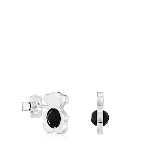 Small silver with onyx 12 mm bear Earrings I-Bear