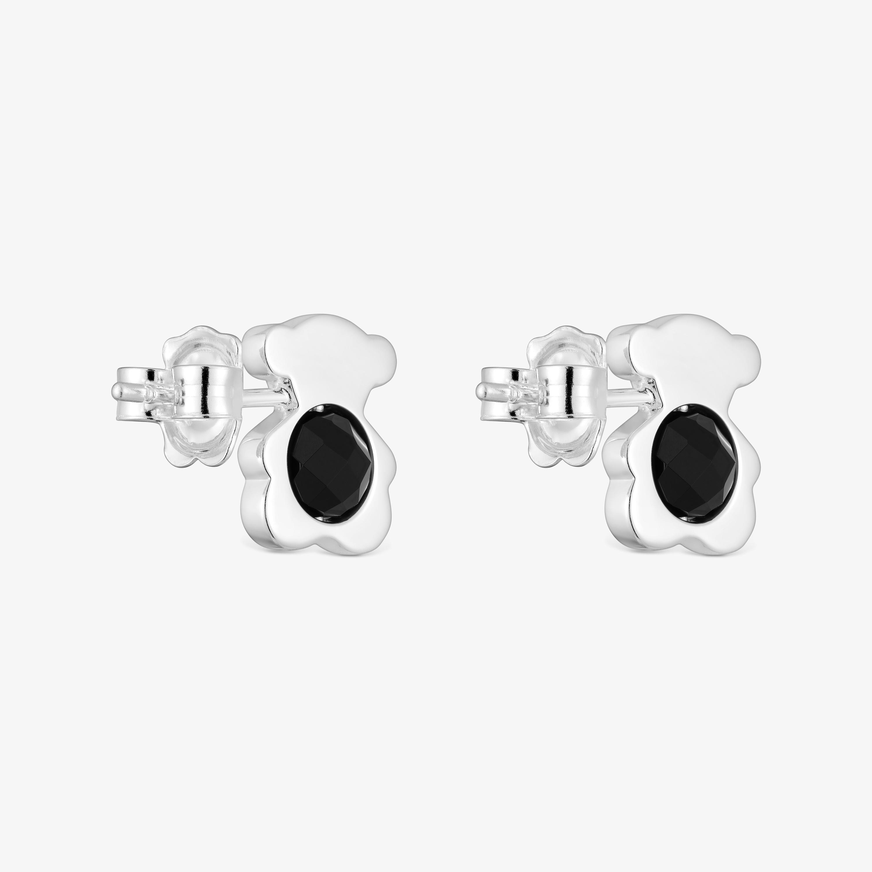 Small silver with onyx 12 mm bear Earrings I-Bear