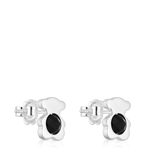 Small silver with onyx 12 mm bear Earrings I-Bear