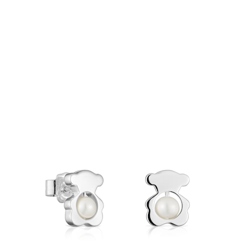 Pendientes pequeños oso de plata con perlas cultivadas 10 mm I-Bear