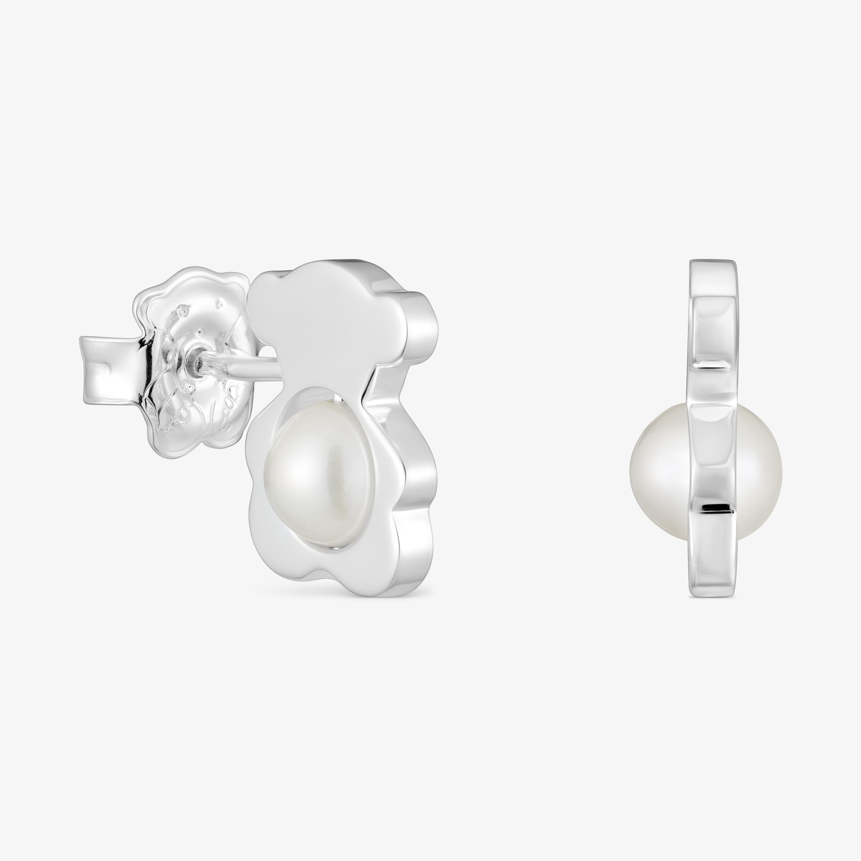 Small 12 mm silver bear Earrings with cultured pearls I-Bear