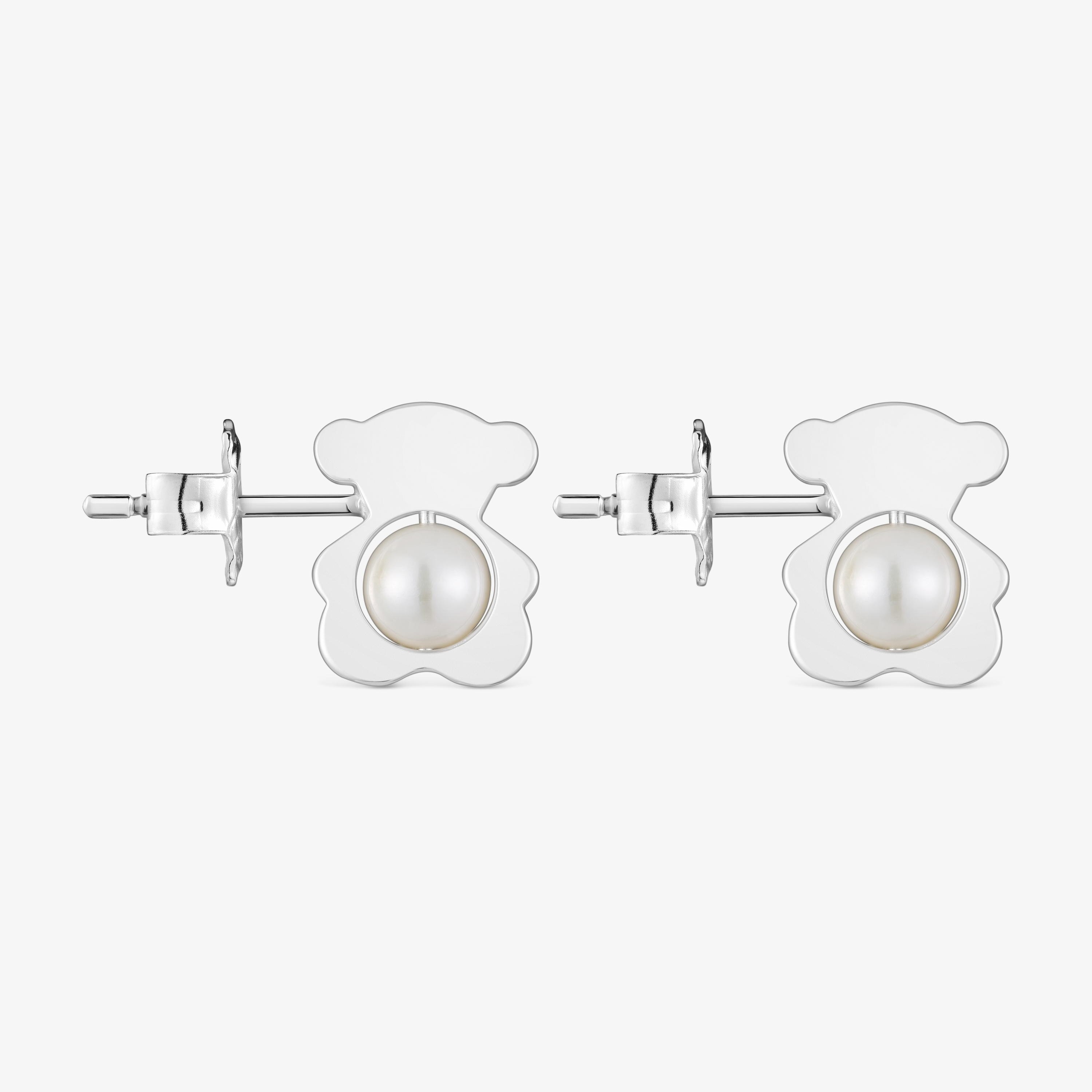 Small 12 mm silver bear Earrings with cultured pearls I-Bear