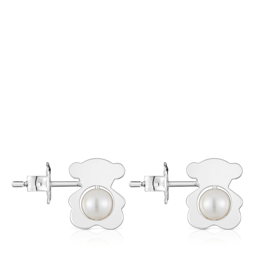 Small 12 mm silver bear Earrings with cultured pearls I-Bear image number 1