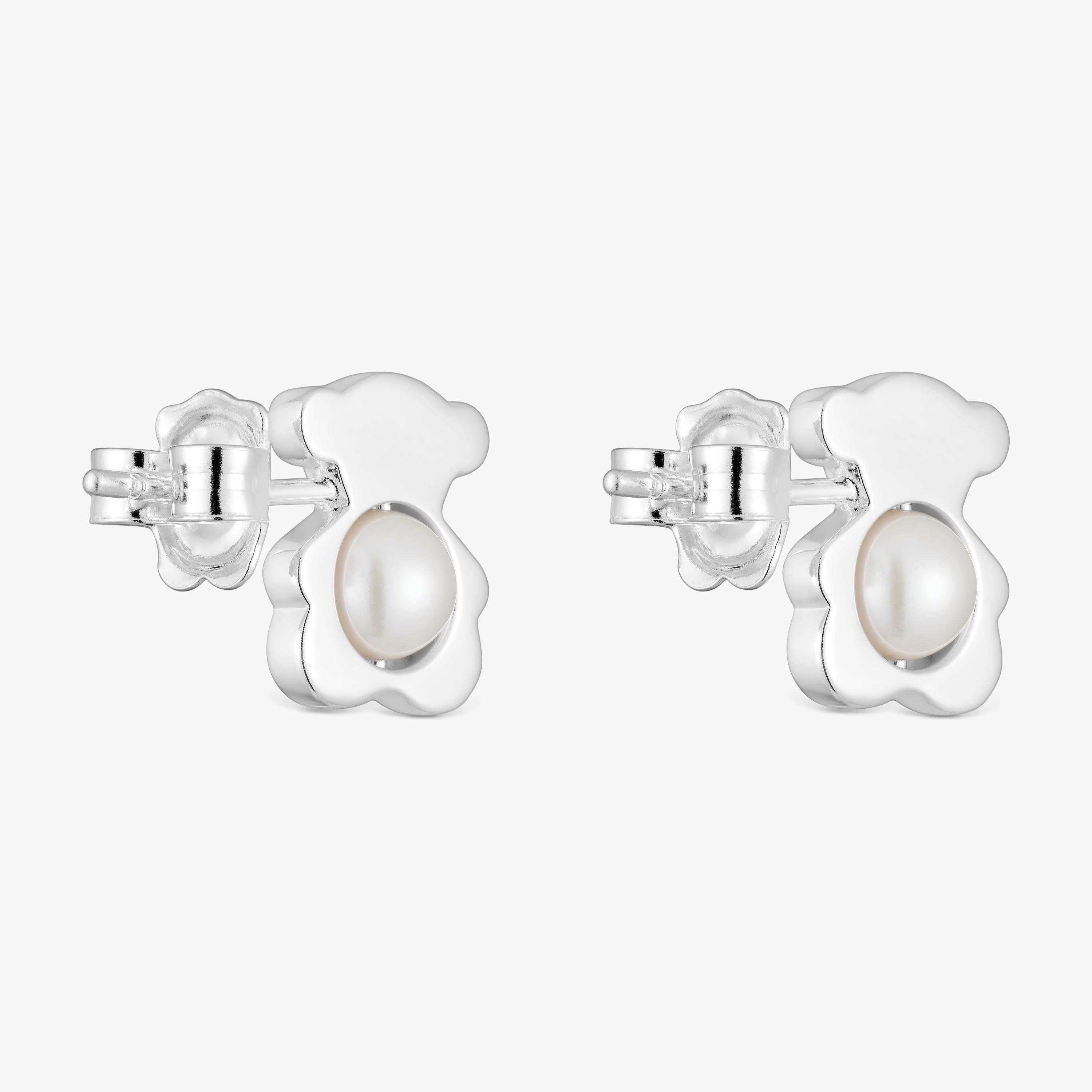 Small 12 mm silver bear Earrings with cultured pearls I-Bear