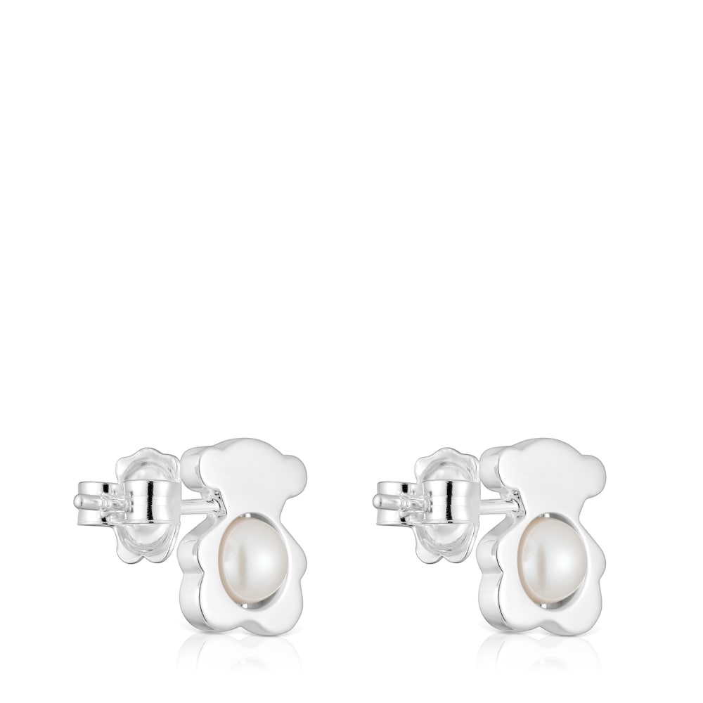 Small 12 mm silver bear Earrings with cultured pearls I-Bear image number 2