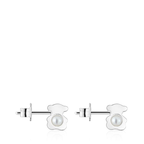 Small 8 mm silver bear Earrings with cultured pearls I-Bear