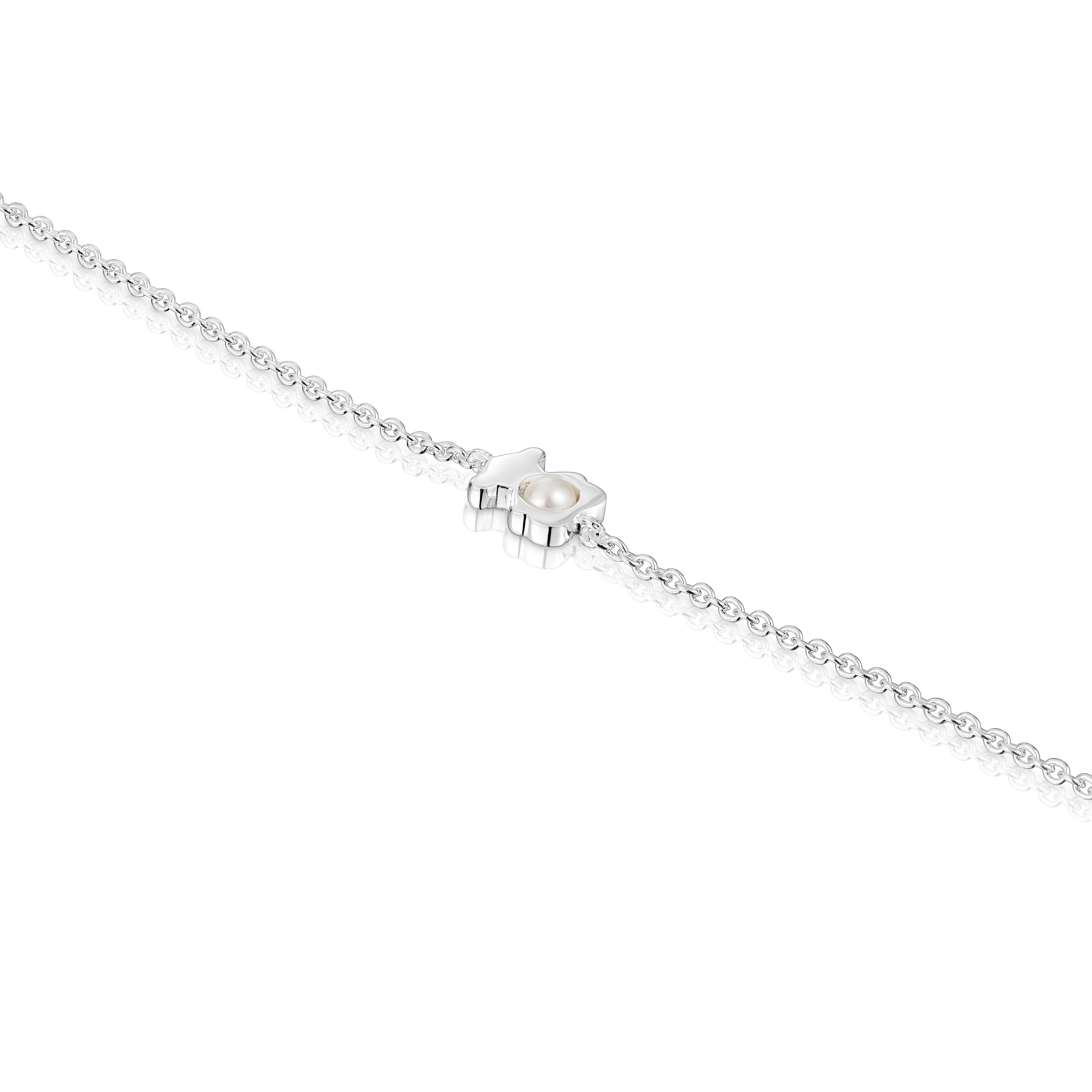 Silver bear chain Bracelet with a cultured pearl I-Bear