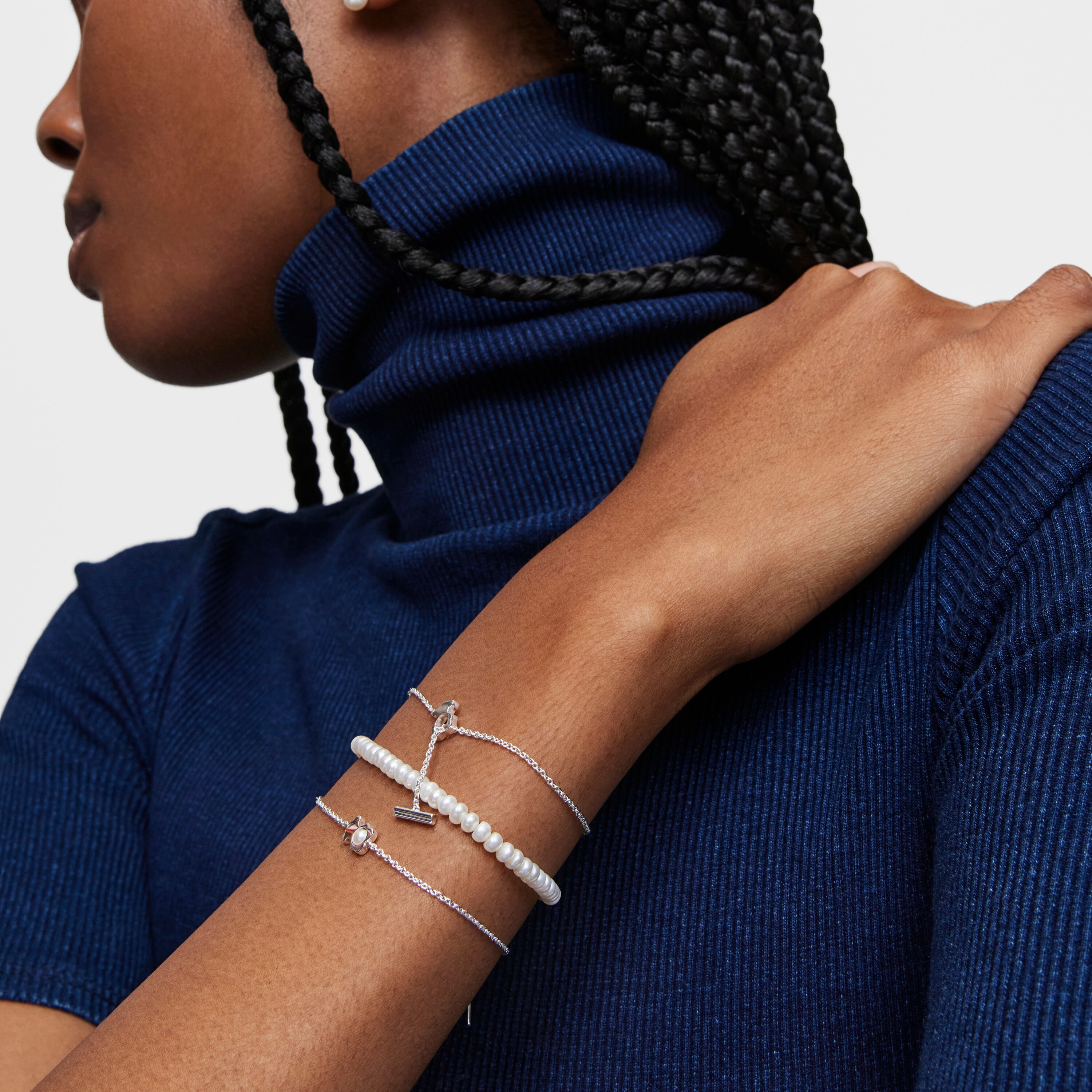 Silver bear chain Bracelet with a cultured pearl I-Bear