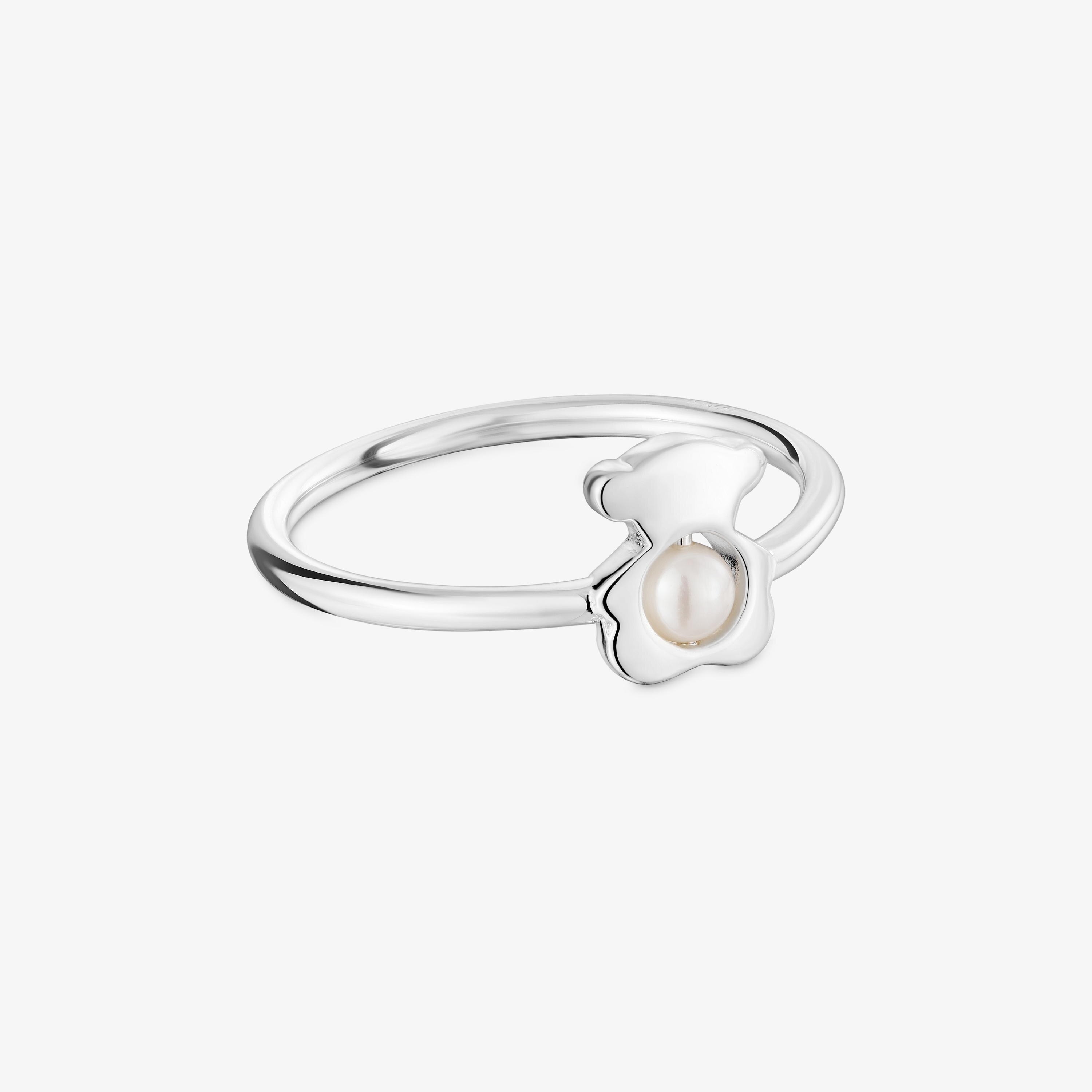 Small silver bear Ring with cultured pearl I-Bear