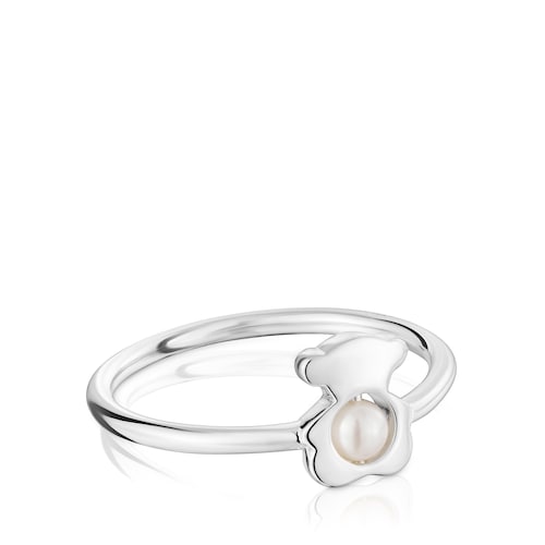 Small silver bear Ring with cultured pearl I-Bear