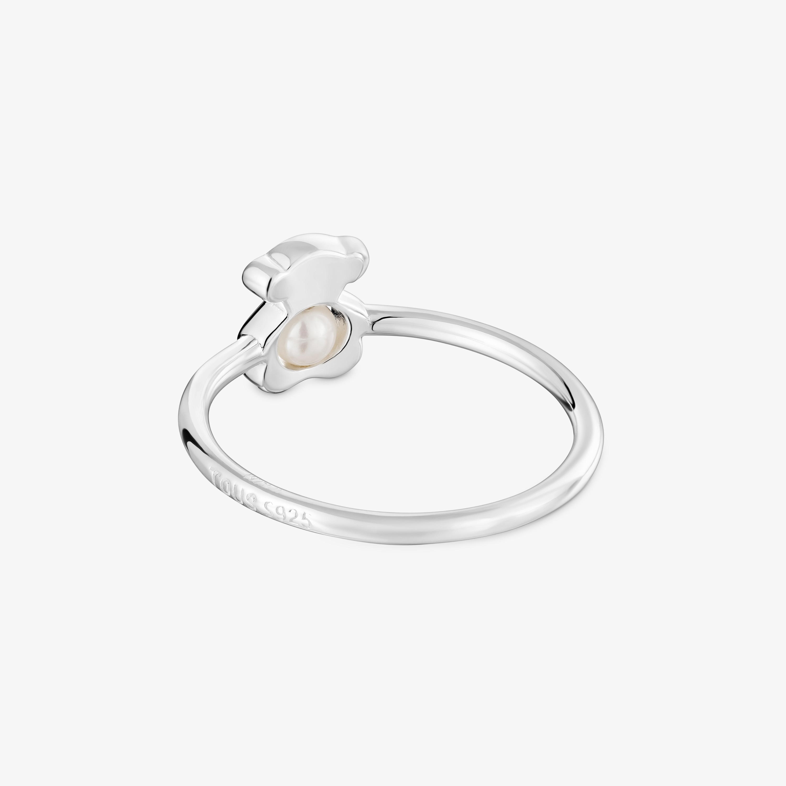 Small silver bear Ring with cultured pearl I-Bear