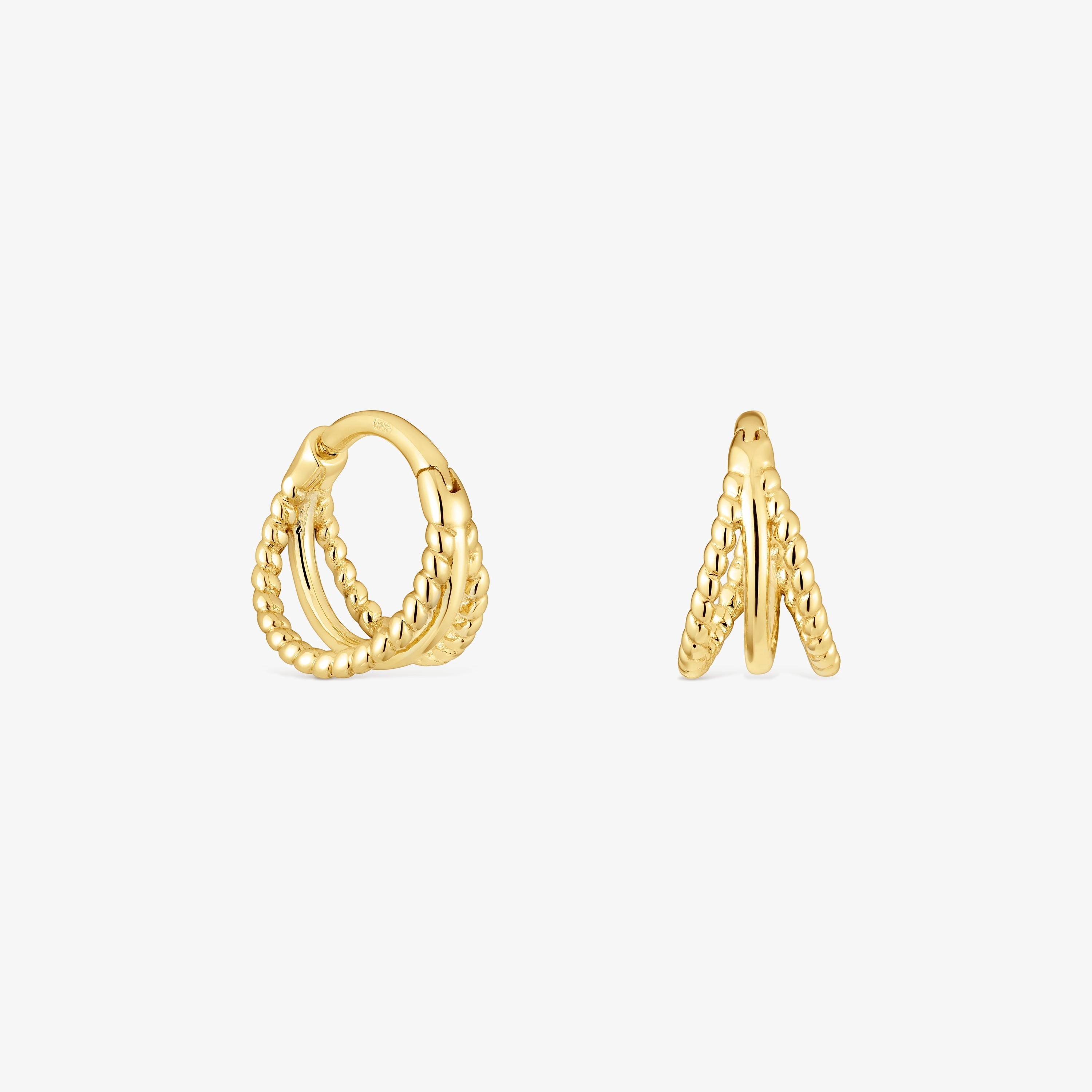 Short triple hoop Earrings with embossed 18K solid gold Basics