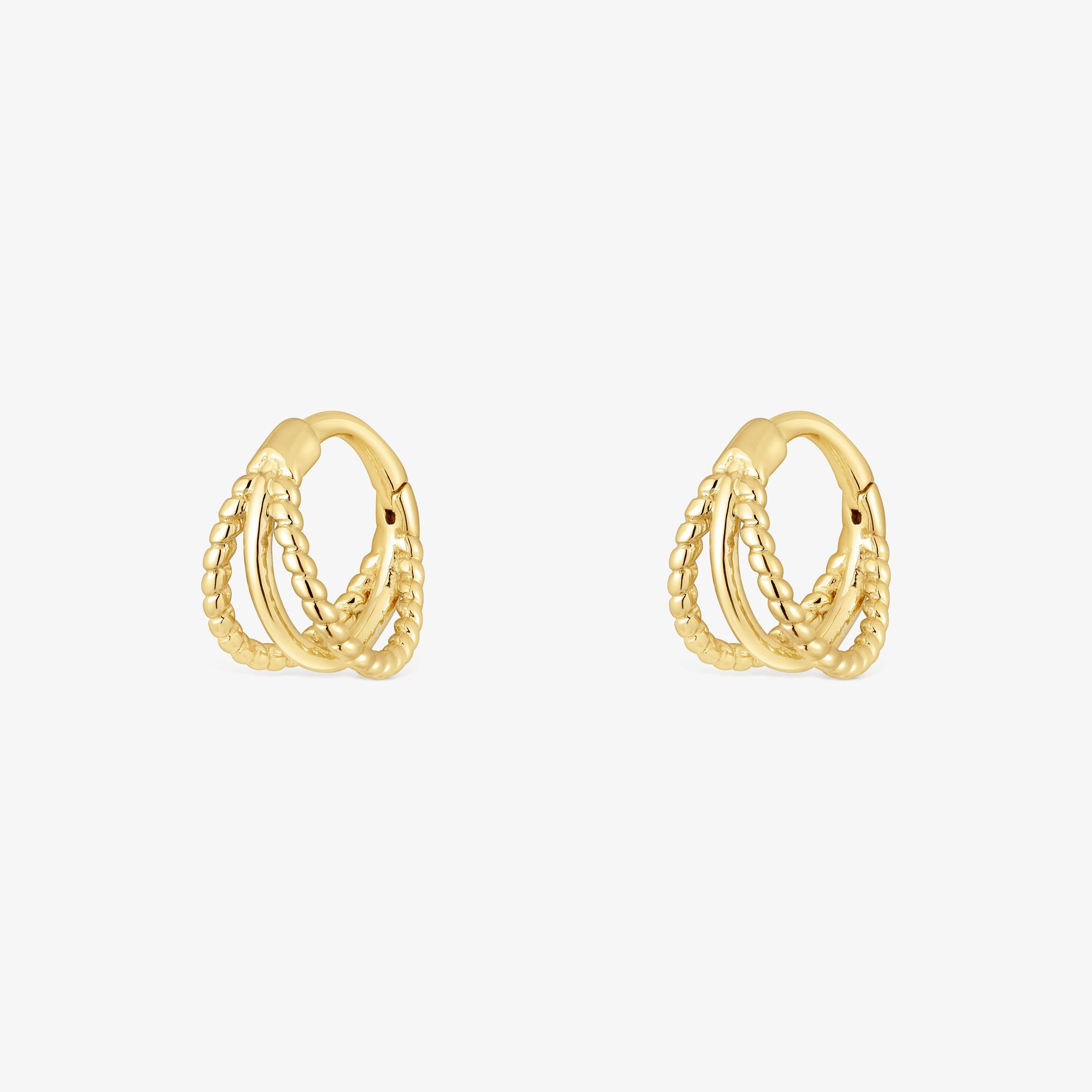 Short triple hoop Earrings with embossed 18K solid gold Basics