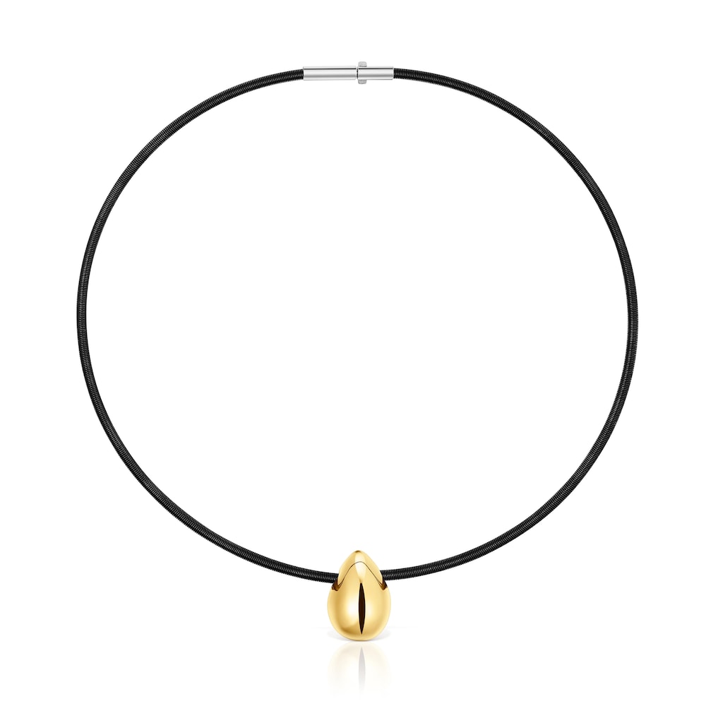 Short gold and black IP steel Necklace with teardrop motif Mesh Tube