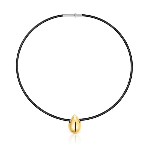 Short gold and black IP steel Necklace with teardrop motif Mesh Tube