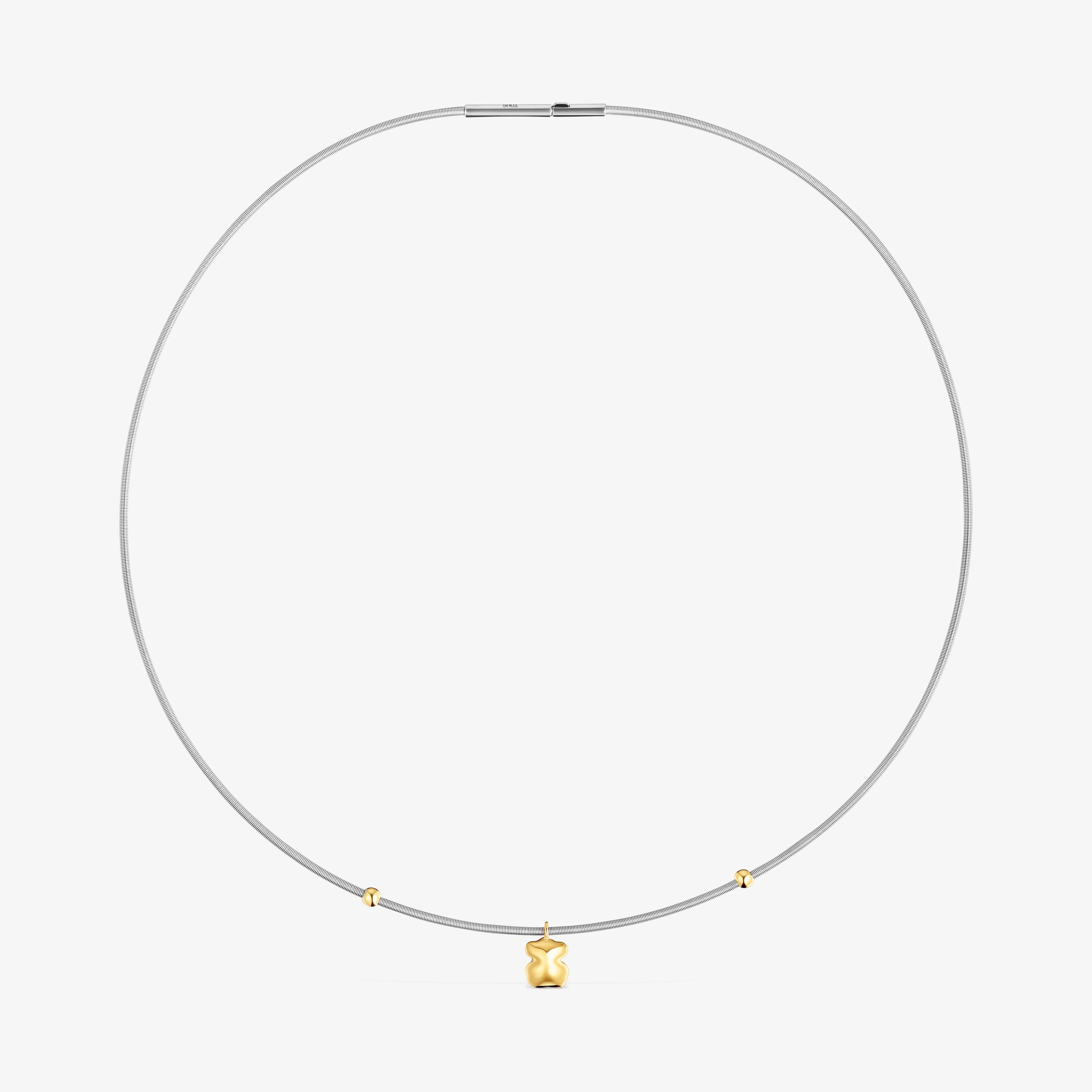 Short 18K solid gold and steel Necklace with bear motif Mesh Tube