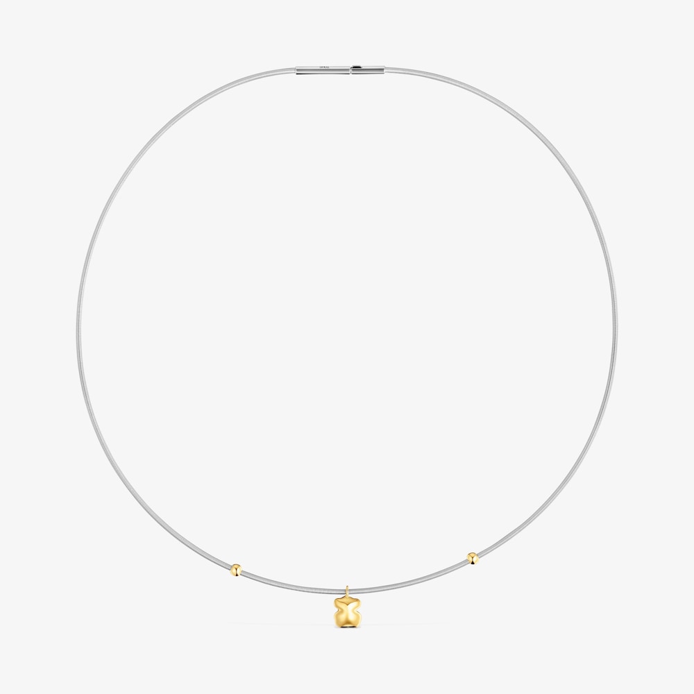 Kr&oacute;tki naszyjnik ze złota i stali z motywem misia Mesh Tube