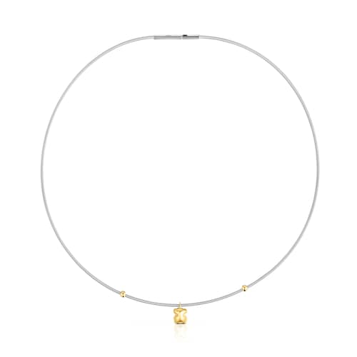 Short gold and steel Necklace with bear motif Mesh Tube