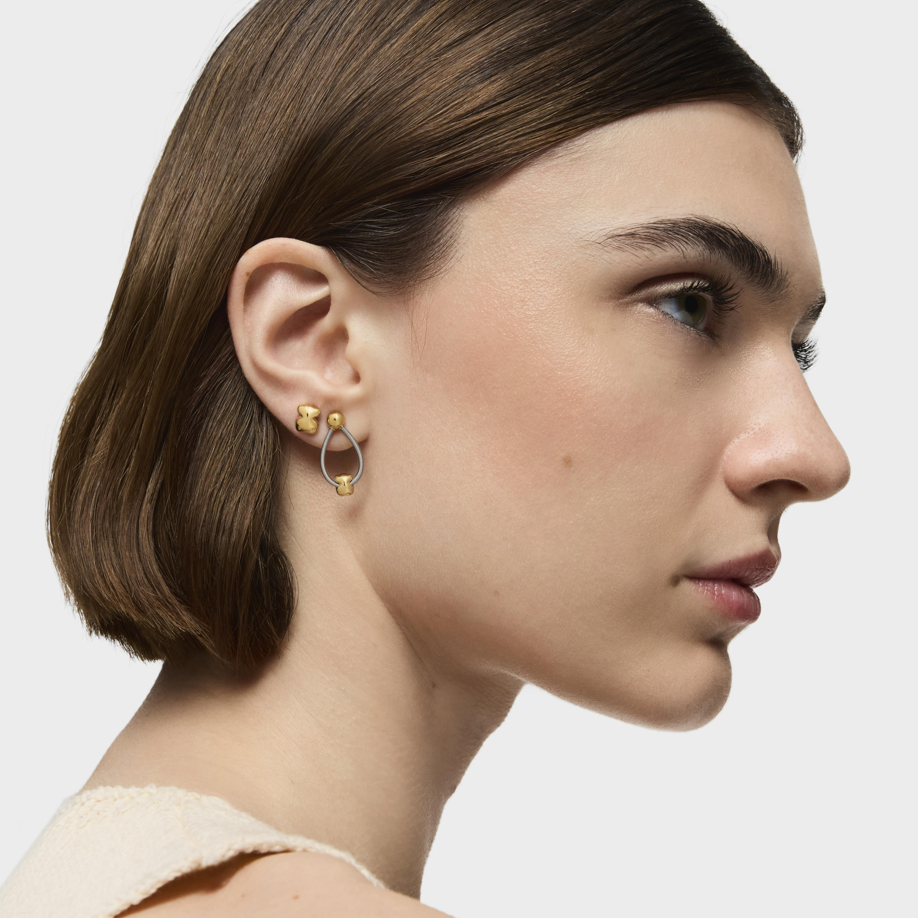 Short 18K solid gold and steel Earrings Mesh Tube
