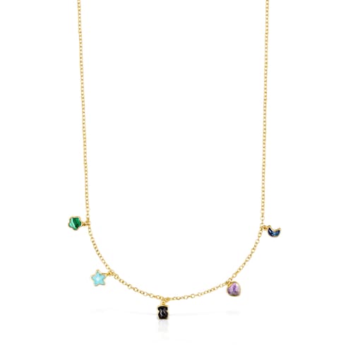 Collana con placcatura in oro 18 kt su argento e cinque motivi di gemme multicolor da 2-5 mm. Gloria 45 cm