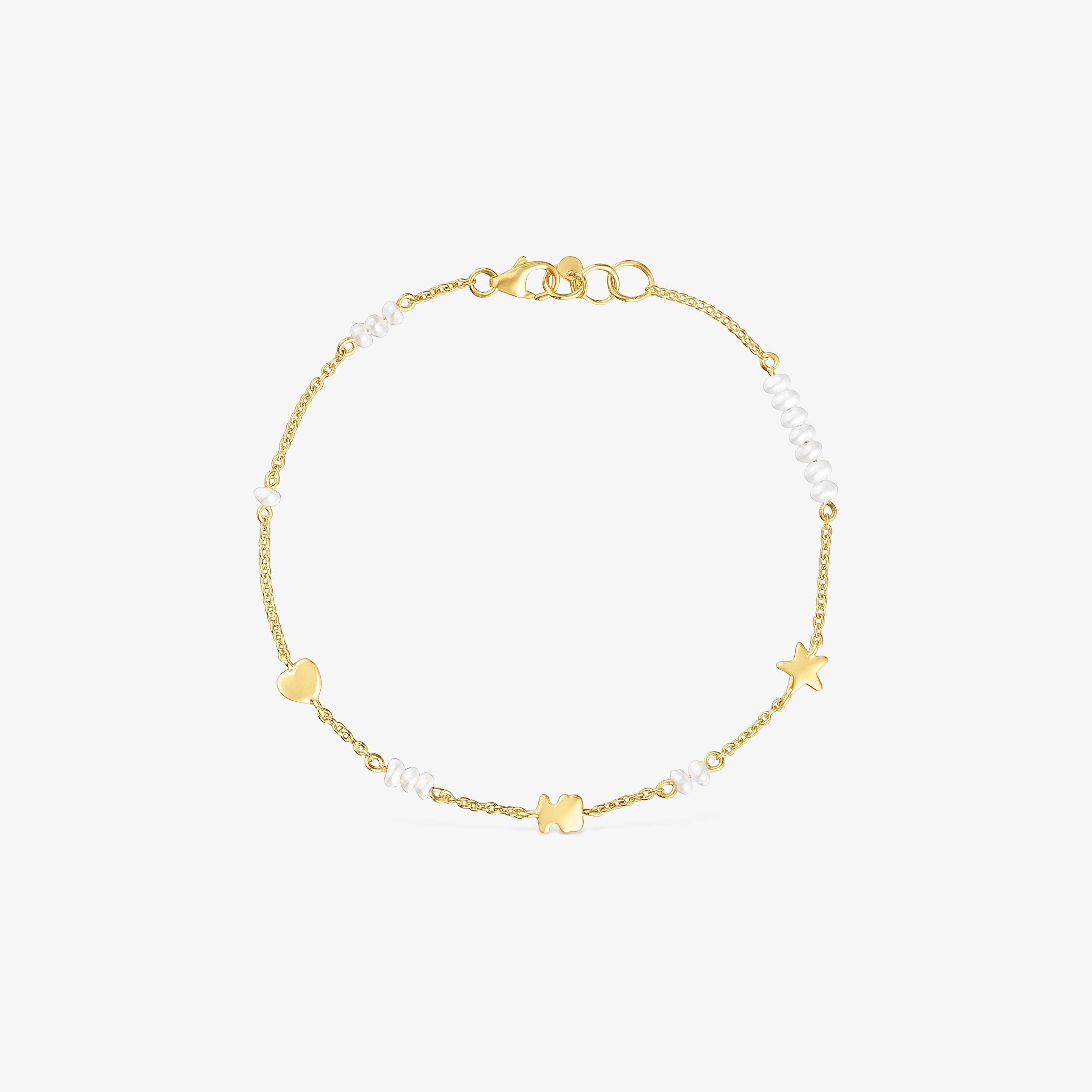 Sweet Dolls 18K solid gold chain Bracelet with motifs and cultured pearls