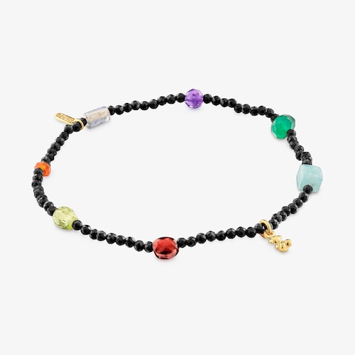 Pulsera el&aacute;stica con ba&ntilde;o de oro 18 kt sobre plata, onix, gemas Bold Bear