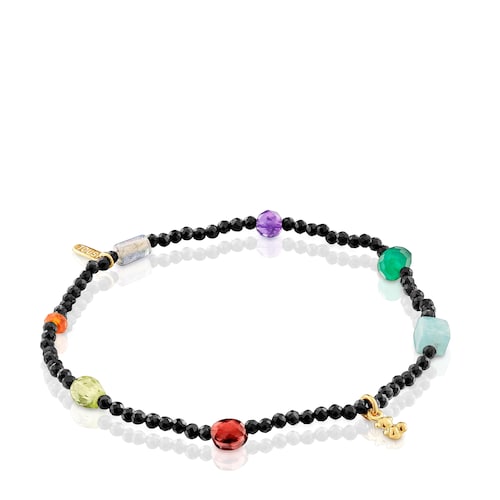 Bold Bear elastic Bracelet with 18kt gold plating over silver, onyx, gemstones