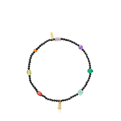 Bold Bear elastic Bracelet with 18kt gold plating over silver, onyx, gemstones