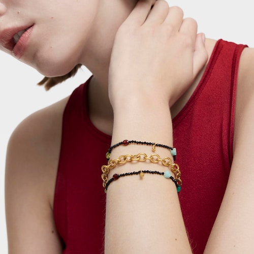 Bold Bear elastic Bracelet with 18kt gold plating over silver, onyx, gemstones