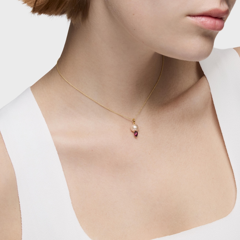 18K solid gold Pendant with rhodolite and cultured pearl Ivette