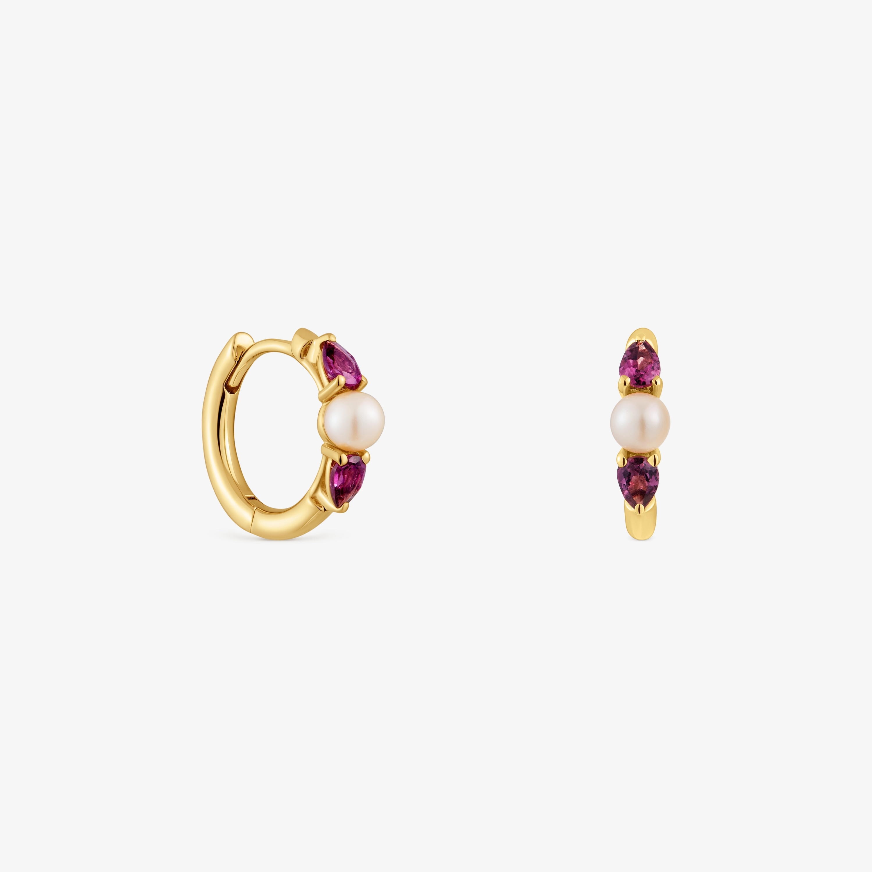 18K solid gold Hoop earrings with rhodolites and cultured pearl Ivette