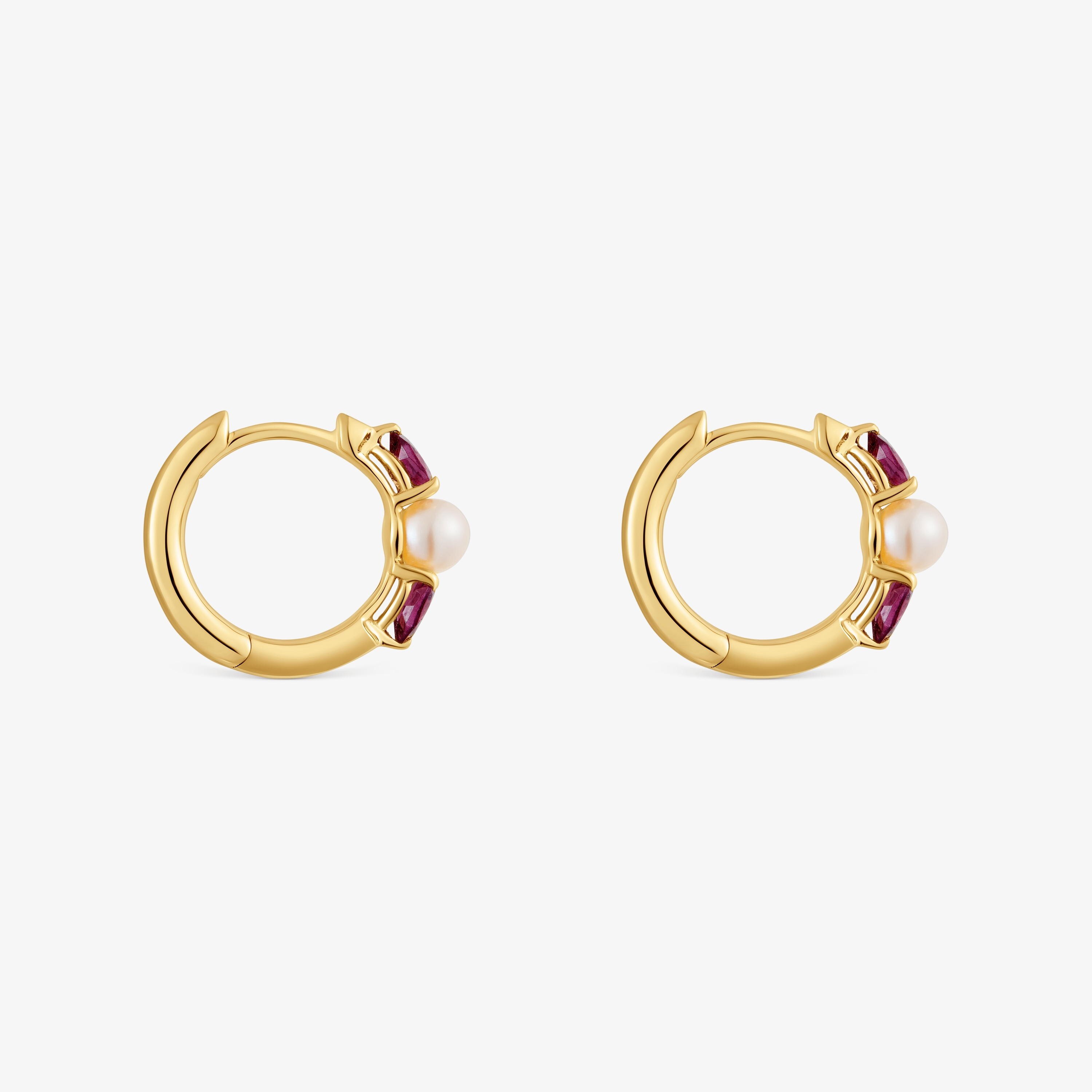 18K solid gold Hoop earrings with rhodolites and cultured pearl Ivette