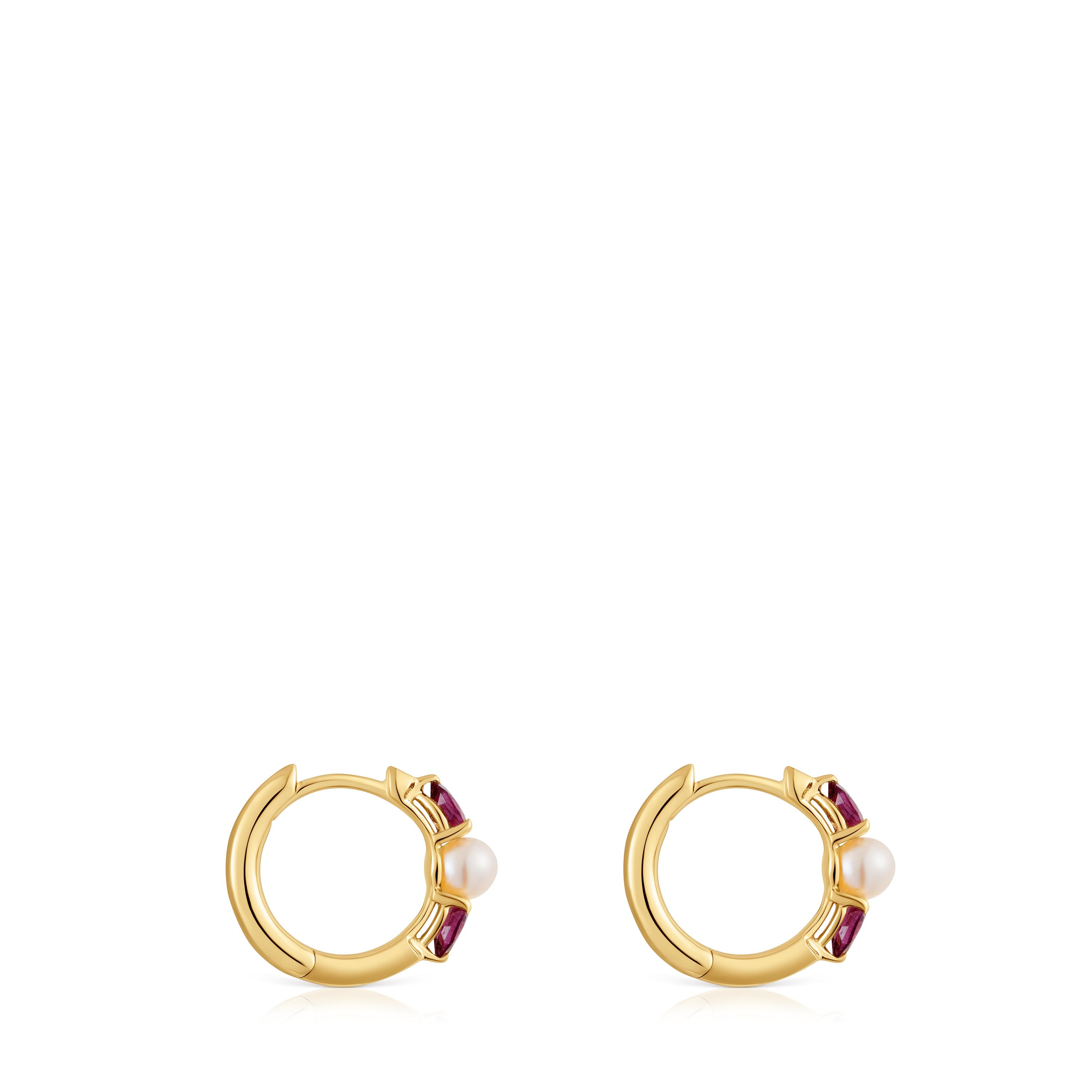 Gold Hoop earrings with rhodolites and cultured pearl Ivette