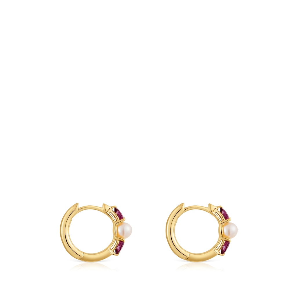 Gold Hoop earrings with rhodolites and cultured pearl Ivette image number 1