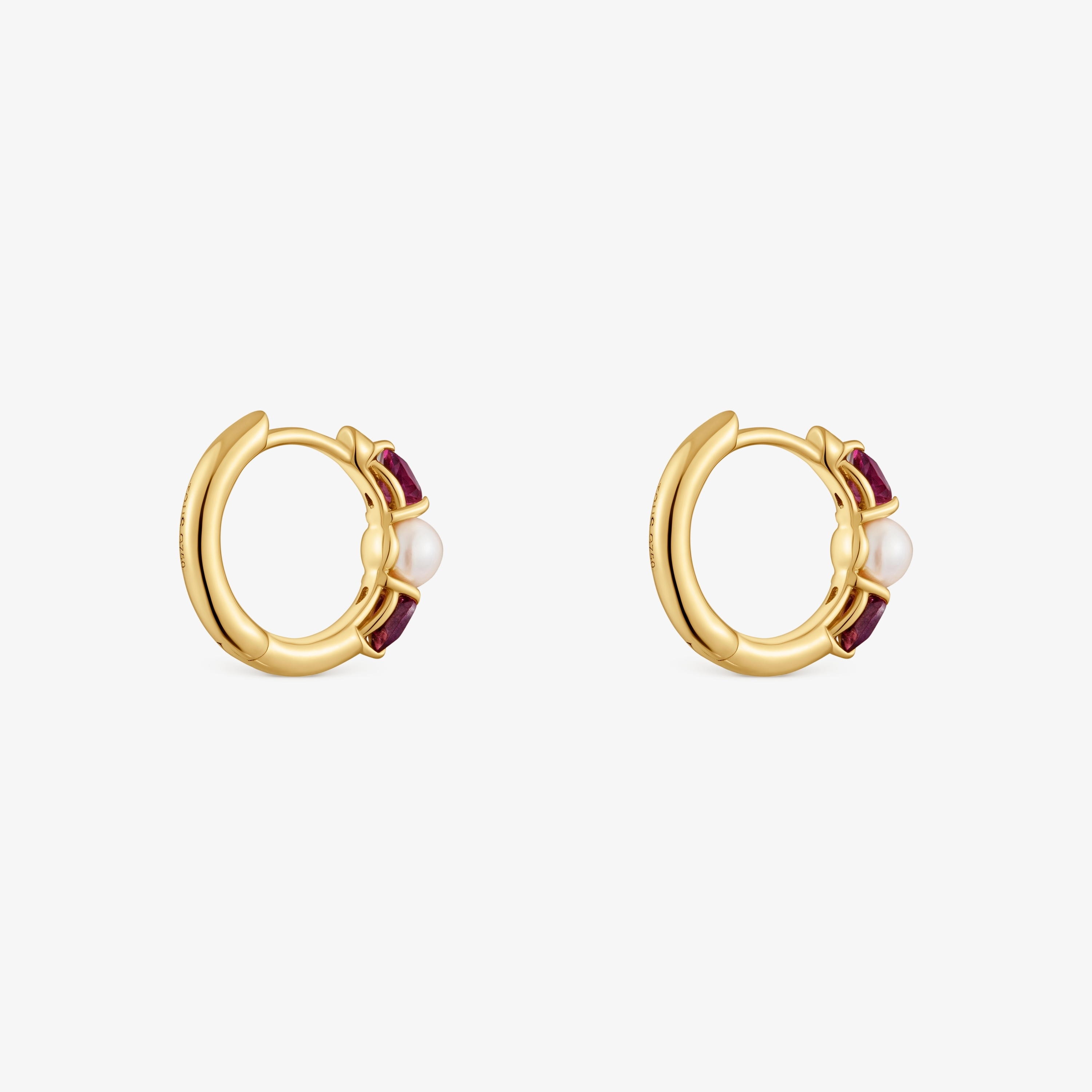 18K solid gold Hoop earrings with rhodolites and cultured pearl Ivette
